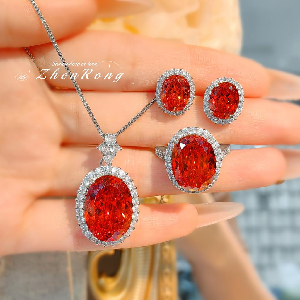 Foydjew Luxury Oval Ice Flower Cut Purple/Orange Cubic Zirconia Pendant Necklaces Earrings Rings Wedding Zircon Sets For Women