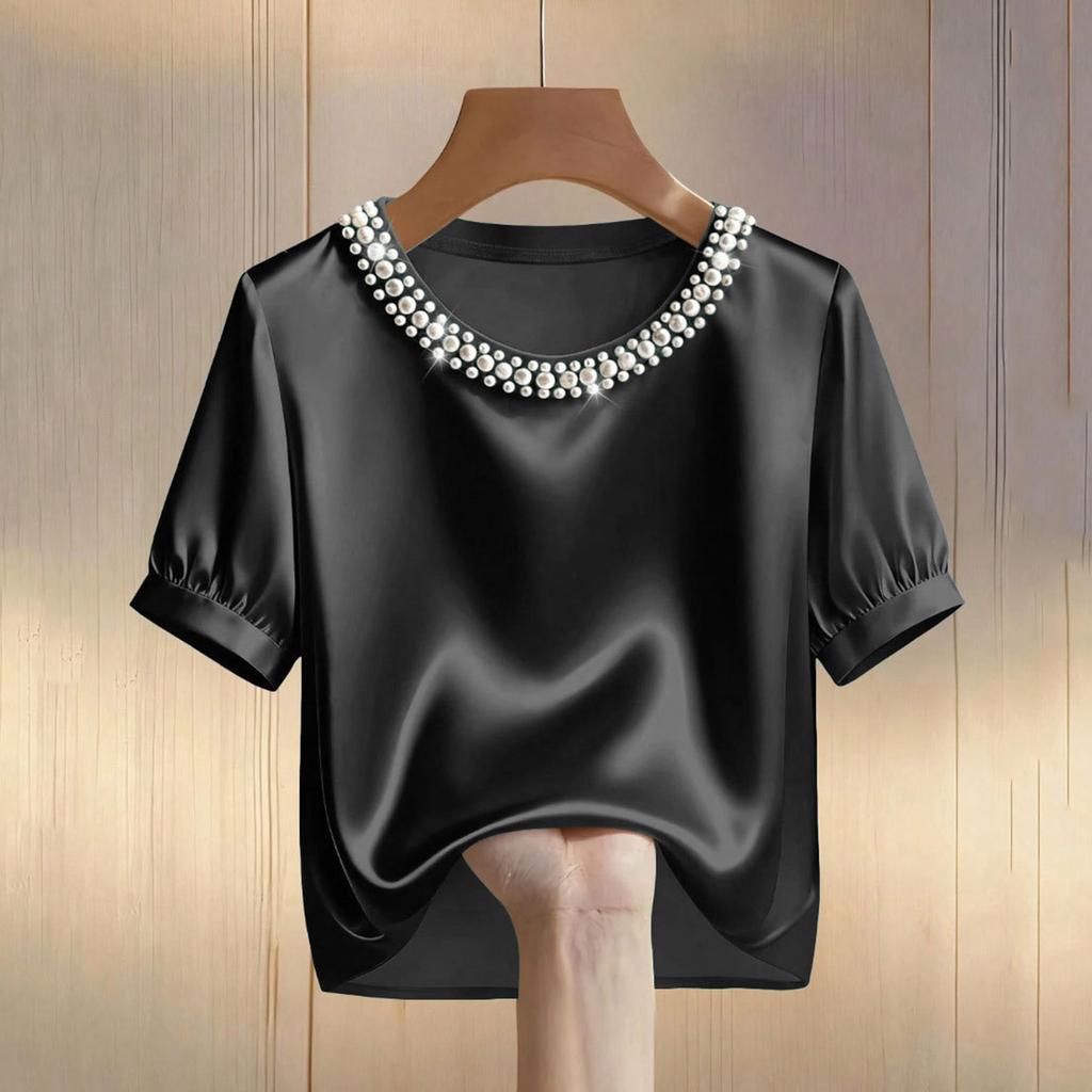 Damen-T-Shirt mit Satin-Perlenmuster, Rundhalsausschnitt und kurzen Ärmeln, lässiges Oberteil