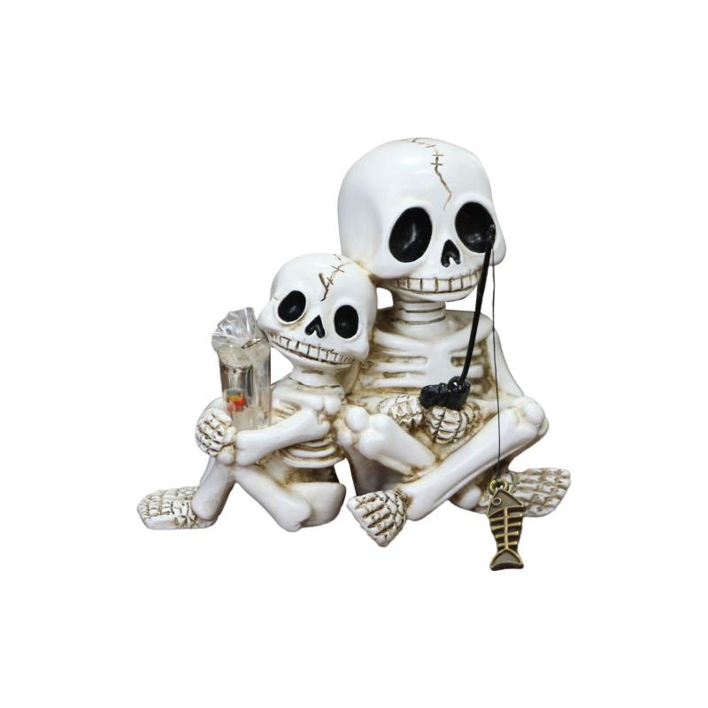 Parent-child Fishing Skeleton Figurine, Resin Outdoor Garden Pond Decoration Statue, Halloween Handicraft