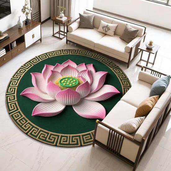 Lotus Flower Floor Mat Round Living Room Rug Lotus Pattern Carpet with Non-Slip Backing for Home Office Bedroom Kitchen
