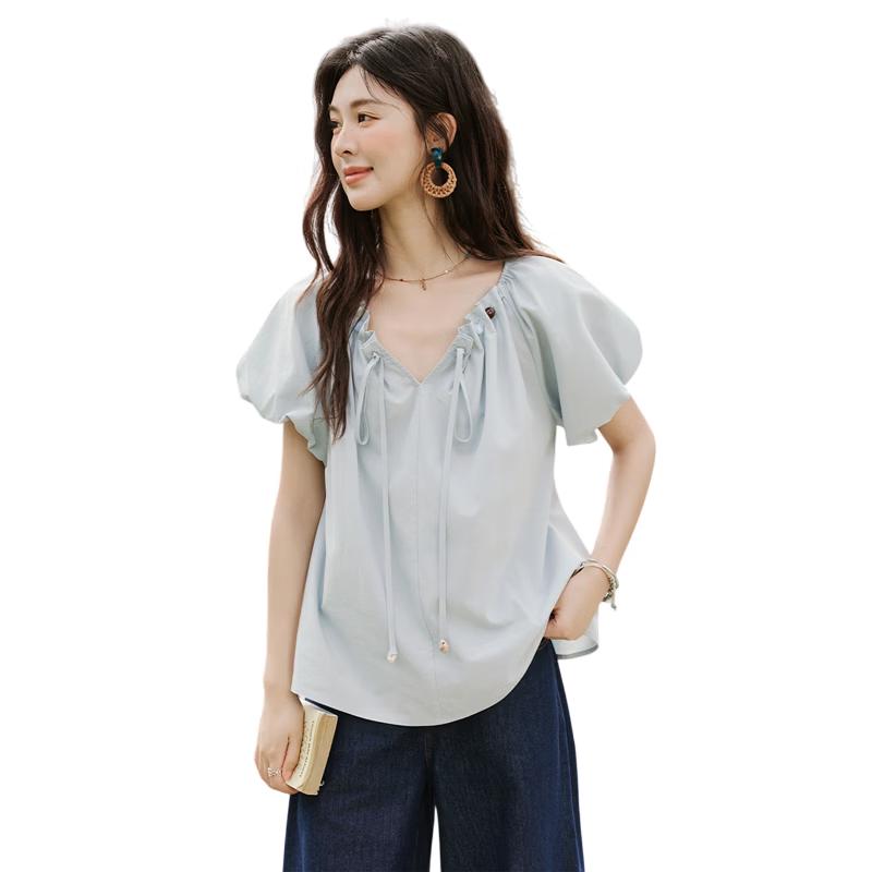 

Morandi Color Beaded Petal Sleeve Tencel Cotton Blouse S