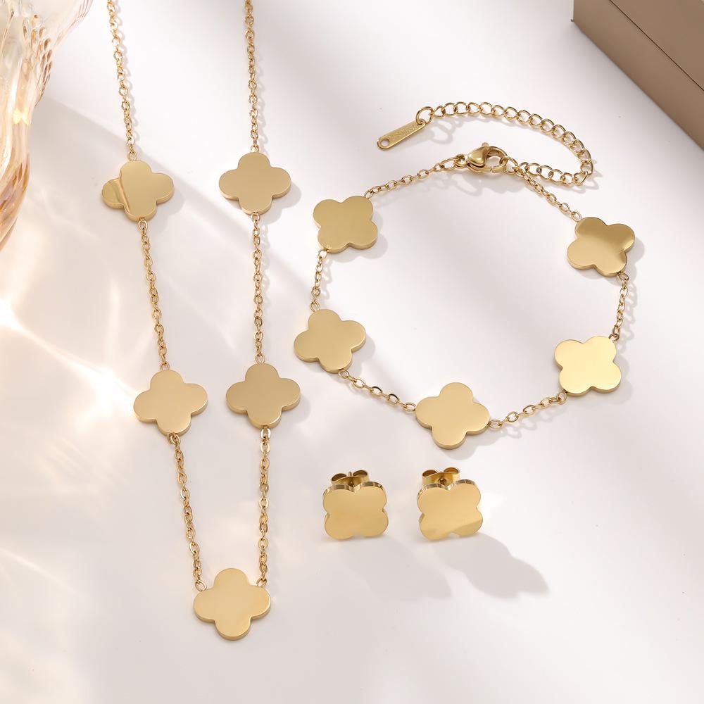 European 18K Gold Stainless Steel Four-Leaf Clover Jewelry Set: Bracelet, Necklace, Earrings for Women