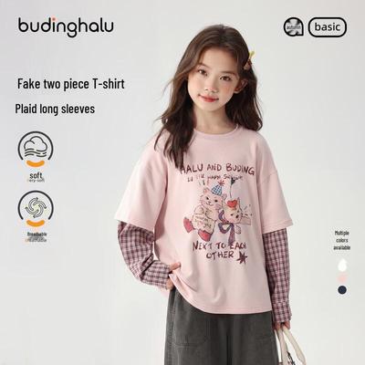 Pudding Haru Girls' Lyocell Faux Two-Piece Plaid Long-Sleeve T-Shirt