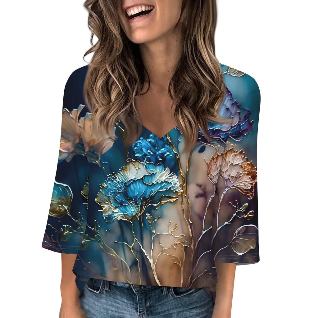 Women's V Neck 3/4 Sleeve Tops Casual T Shirts Basic Summer Tees Loose Pullover Top