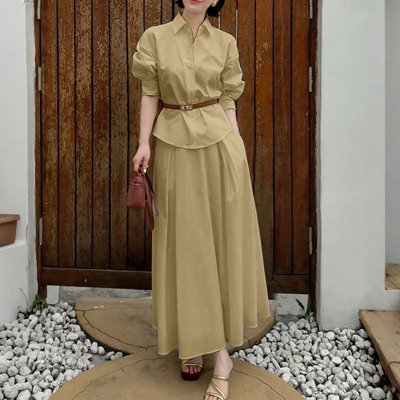 ZANZEA Damen Langarmbluse und Lange Röcke Lässige Zweiteiler Anzugsets