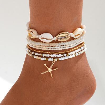 Bohemian Beach Multi-Layer Anklet with Rice Pearls and Starfish Shells