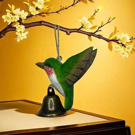 Wood Carving Hummingbird Ornament with Tree Stump/Bell Handcrafted Bird Figurine Statue Sculpture