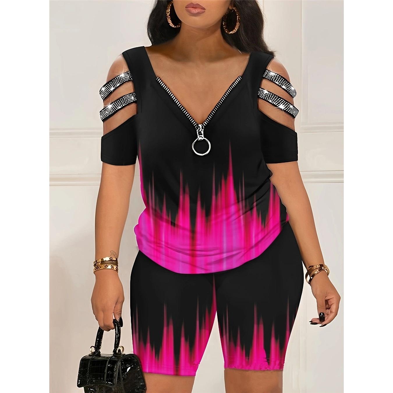 

Женские комплекты с принтом, короткими рукавами, молнией, V-образным вырезом, футболкой и шортами, весенне-летний комплект из двух предметов XL