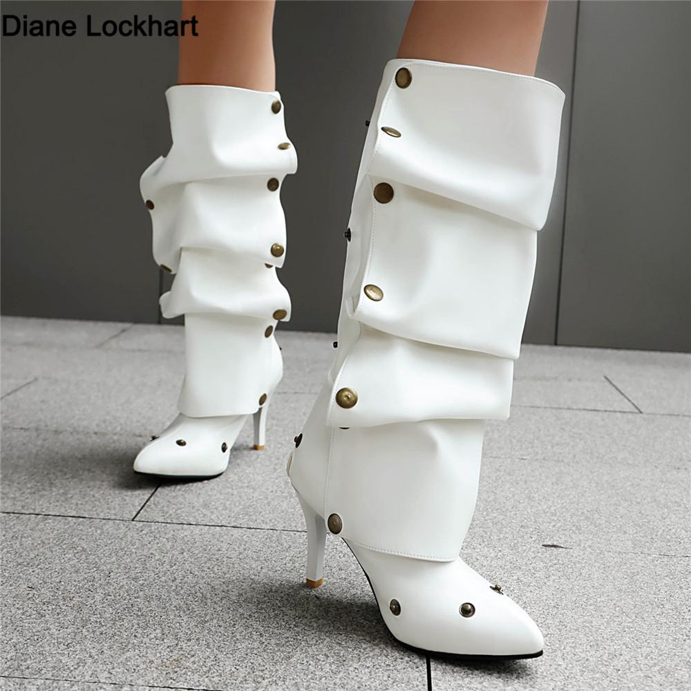 Fashion Women Over The Knee Boots High Heels PU Leather Solid Pointed Toe Stiletto Slip-on Rivet Folding Femininos Booties Cool Boots