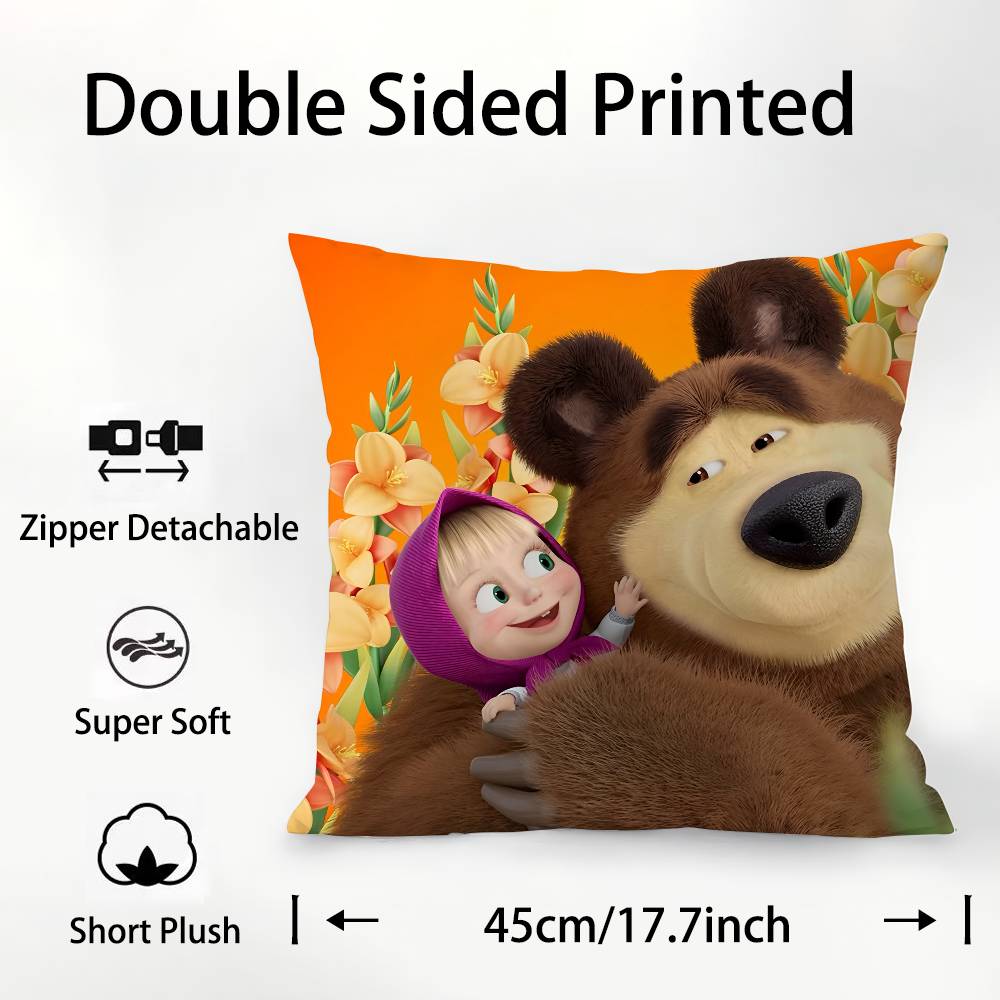 Cartoon Cute M-MashaS And The Bear Pillow Case Square Double‑Sided Print Cushion Case For Sofa Home Bedchamber Decor Gift