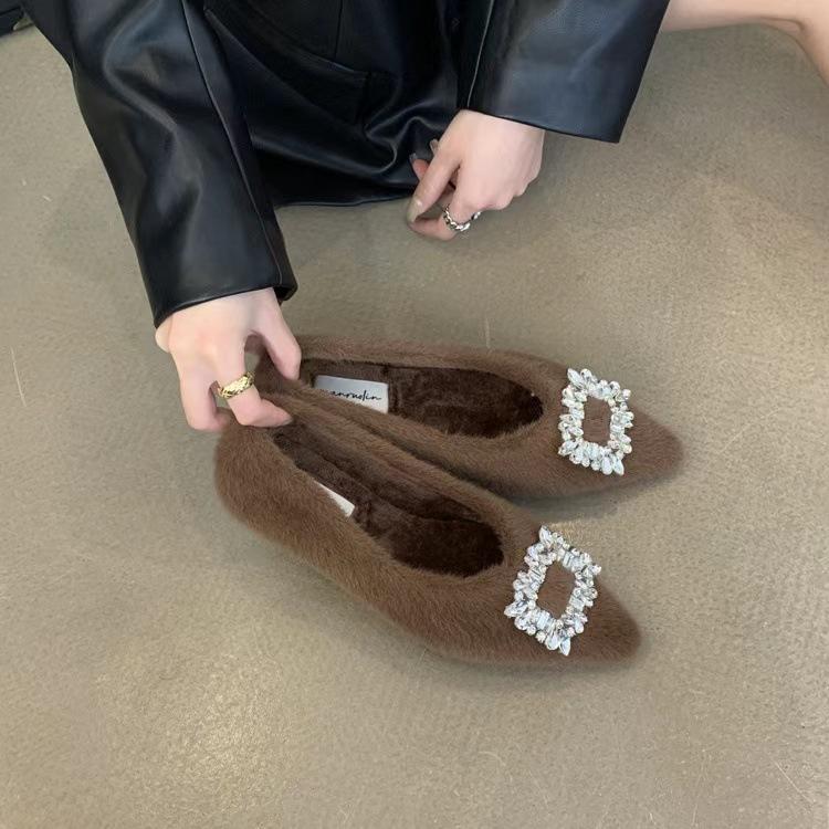 

22 Autumn and Winter New Pointed Toe Pumpy Wool Shoes Flat Shoes Glitter Diamond Square Buckle Plus Plush Shoes 35 хаки