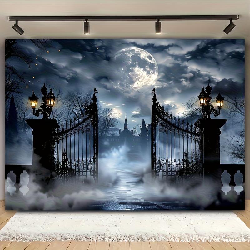 2D flat 1 piece of Gothic castle full moon night polyester background - Misty cemetery gate design suitable for Halloween