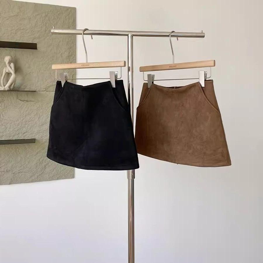 Retro Suede High-Waisted A-Line Mini Skirt Pants - 2025 Autumn/Winter Korean Style