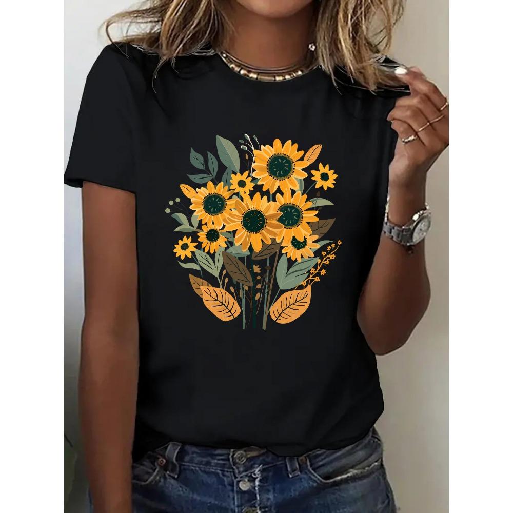 Women's Sunflower Print TShirt Vibrant Bouquet Design Short Sleeve Round Neck Top for Summer Vibrant Casual Wear Ladies T Shirts