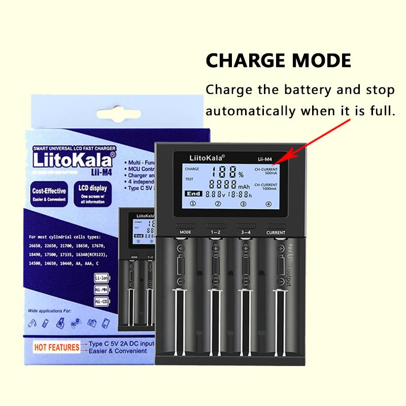 LiitoKala Lii-M4 18650 Charger LCD Display Universal Smart Charger Test Capacity 26650 18650 21700 AA AAA Battery 4slot 5V 2A
