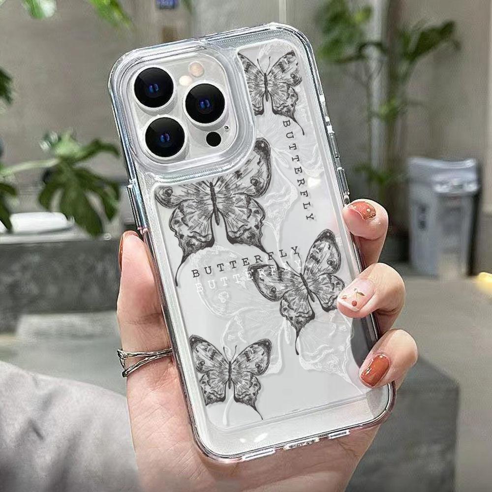Black butterfly line for iPhone17PorMax transparent phone case 16Pro Apple 15 all-inclusive 13/14