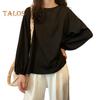Women T-shirt Round Neck Lantern Long Sleeve Elastic Cuffs Tee Shirt Solid Color Loose Fit Pullover Tops Daily Wear