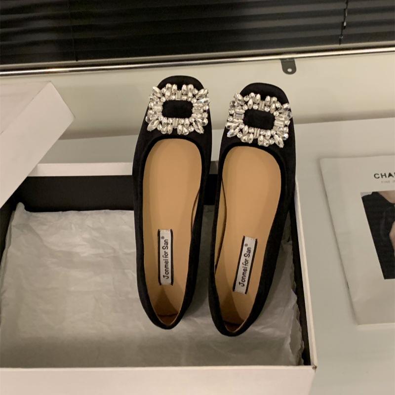 Inner Heightening Suede Rhinestone French Small Single Shoes Women's Shoes 2025 New Spring and Autumn Evening Shoes Black Commuter Shoes