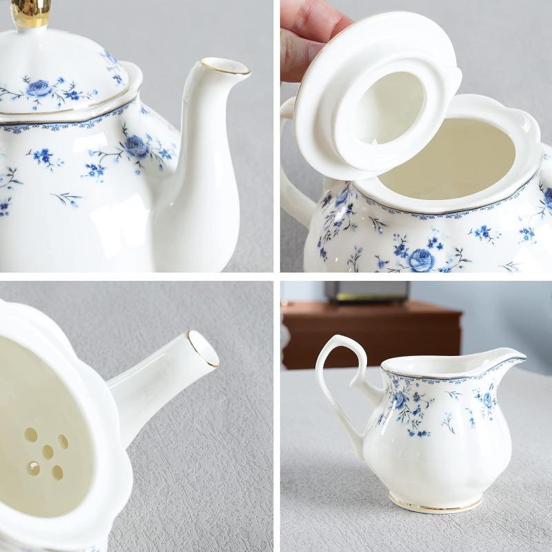 15 Piece e Porcelain Tea Set, British Floral Teapot with Tea Cups, Women Tea Party Set for 6