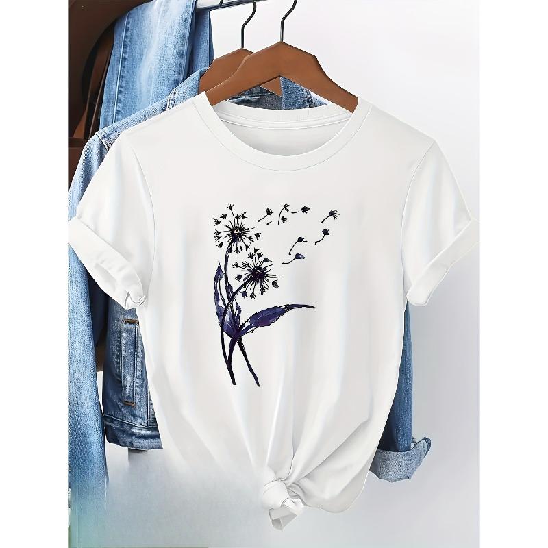 European Size Women's Casual Short Sleeve T-Shirt Floral Dandelion Print Light Beige Relaxed Fit Spring Summer Breathable Top, Elegant Summer Blouse