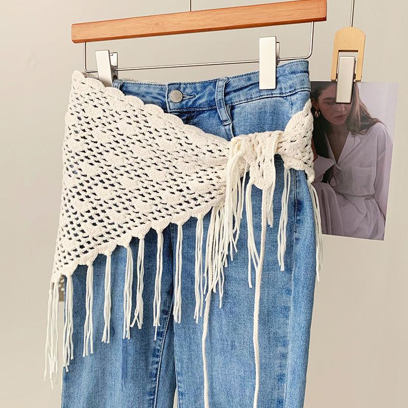 Bohemian Style Triangular Scarf Belt Women s Ethnic Knitted Hollow Fashion Waist Towel Accessory Single Circle Cotton Belt