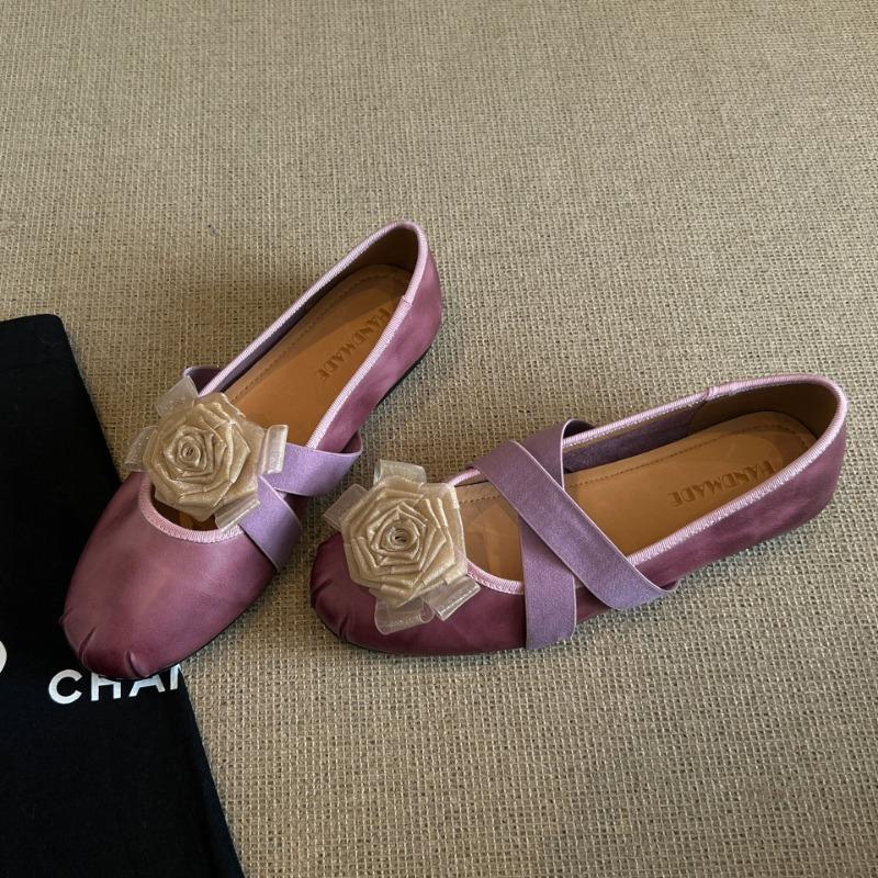 Sheepskin Version Retro Polished Camellia Mary Jane Single Shoes Flat Cross with Light Mouth Versatile Leather Ballet Shoes