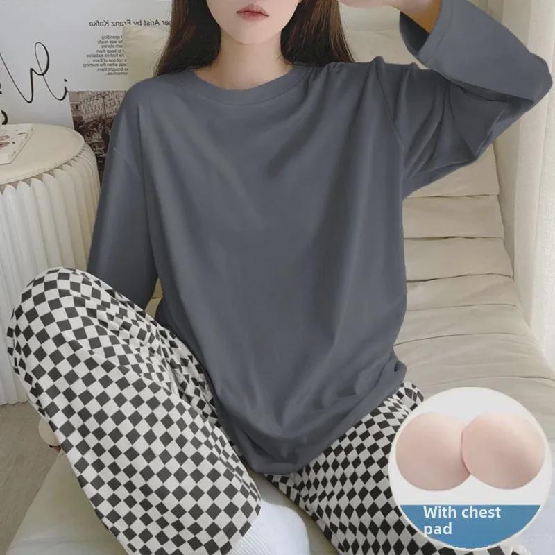 Women's Milk Silk Checkerboard Pajama Set - Round Neck, Long-Sleeve, Self-Contained Breast Pads for Spring and Autumn