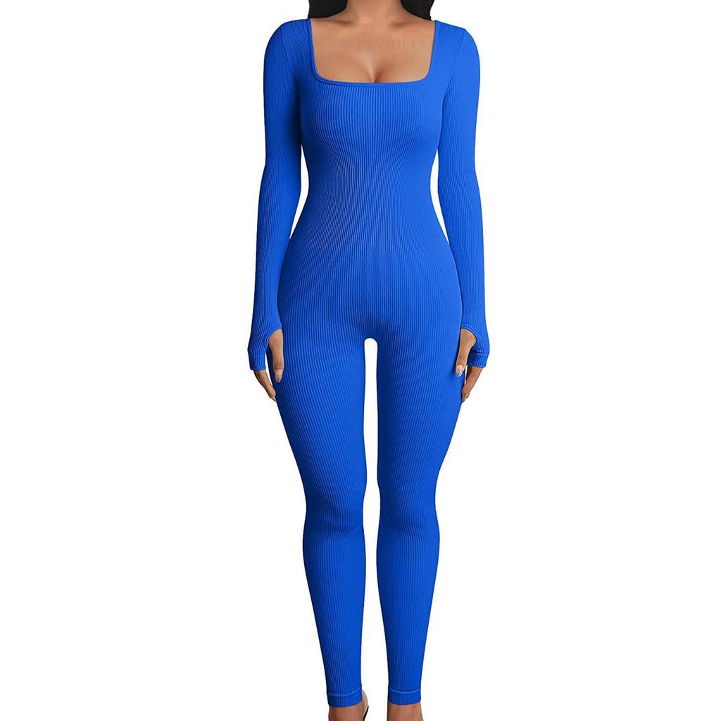 Women's Ribbed Square Neck Yoga Jumpsuit with Hip Lifting Slim Fit, Long/Short Sleeve