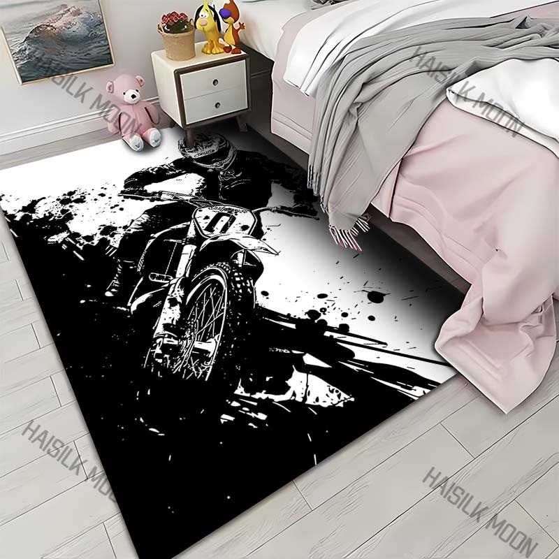 

1PC Black and white motocross cornering Print Carpet for Living Room Bedroom Sofa Home Decor Rus Non-slip Floor Mat Luxury Gift 40x60cm