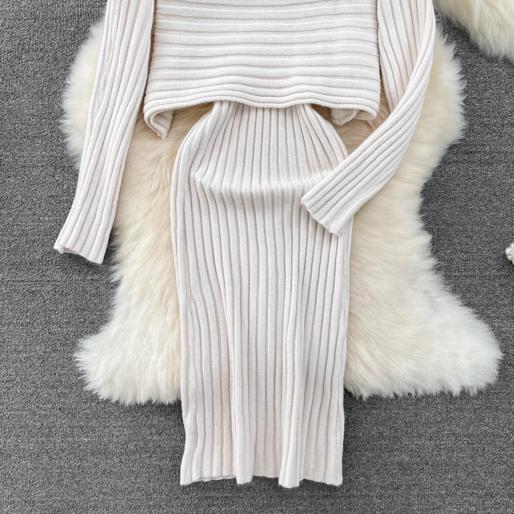 Lazy Style Dlouhý rukáv Kulatý výstřih Volný úpletový top + Dvoudílná souprava vesty s výstřihem do V