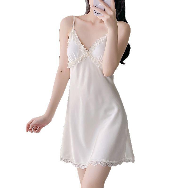 New Female Sexy Nightdress Ice Silk Suspender Thin Pajamas Spring and Summer Lace Lace Dress Live Supply