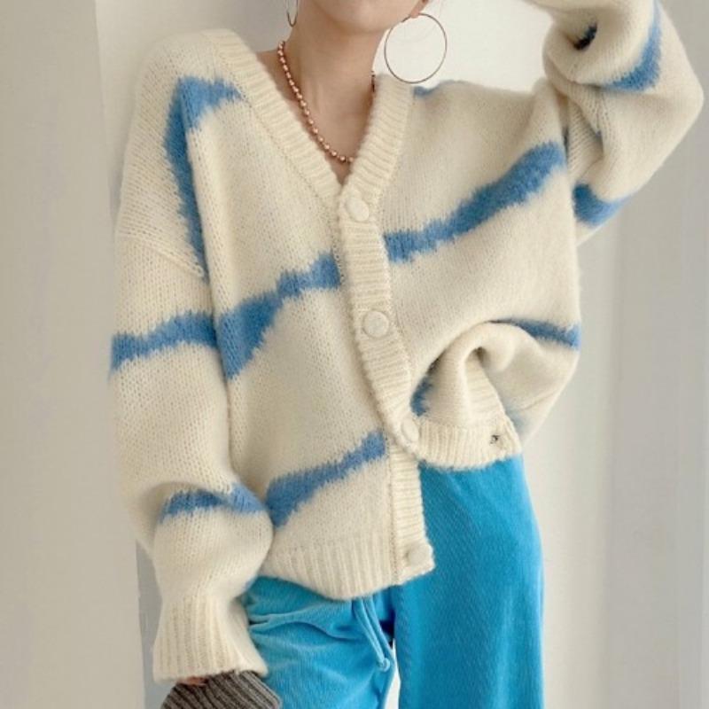 

V-neck Fashion Knitted Striped Cardigan Sweater Autumn Women Office Loose Jackets Winter Elegant Casual Long Sleeve Coats Knitwear Top Clothing one size синий