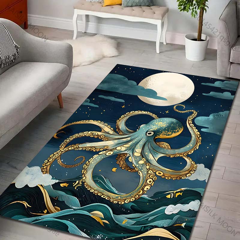 Multiple Sizes Octopus Swimming Under Moon Carpet for Living Room Bedroom Sofa Home Decor Rug Non-slip Floor Mat Luxury Gift