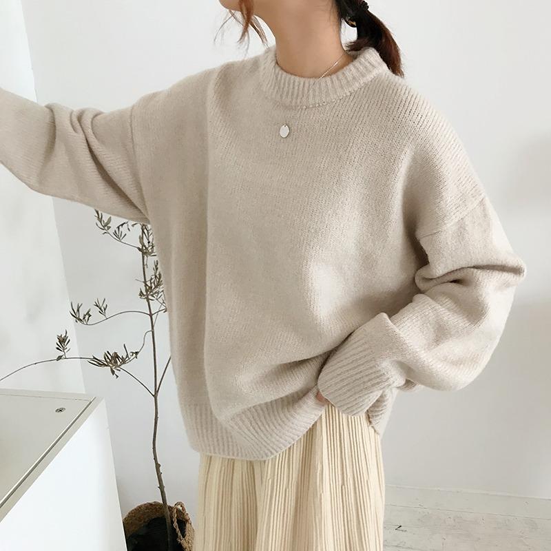 Fashion Solid Long Sleeve Women's Sweaters Autumn and Winter Retro Pullovers Knitted Sweater Ladies Elegant Round Neck Soft Warm Jumpers Tops 25563