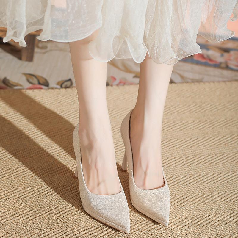 Champagne Waterproof Table High Heels Female Bride Bridesmaid Shoes Two Wear Thin Heels Light Mouth Single Shoes Can Be Worn Daily