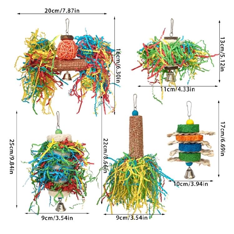Parrot Toy 5Pieces Set Colorful Shredding Chewable Loofah Corn Leaf Foraging Activity Toy for Bird Behavior Stimulation