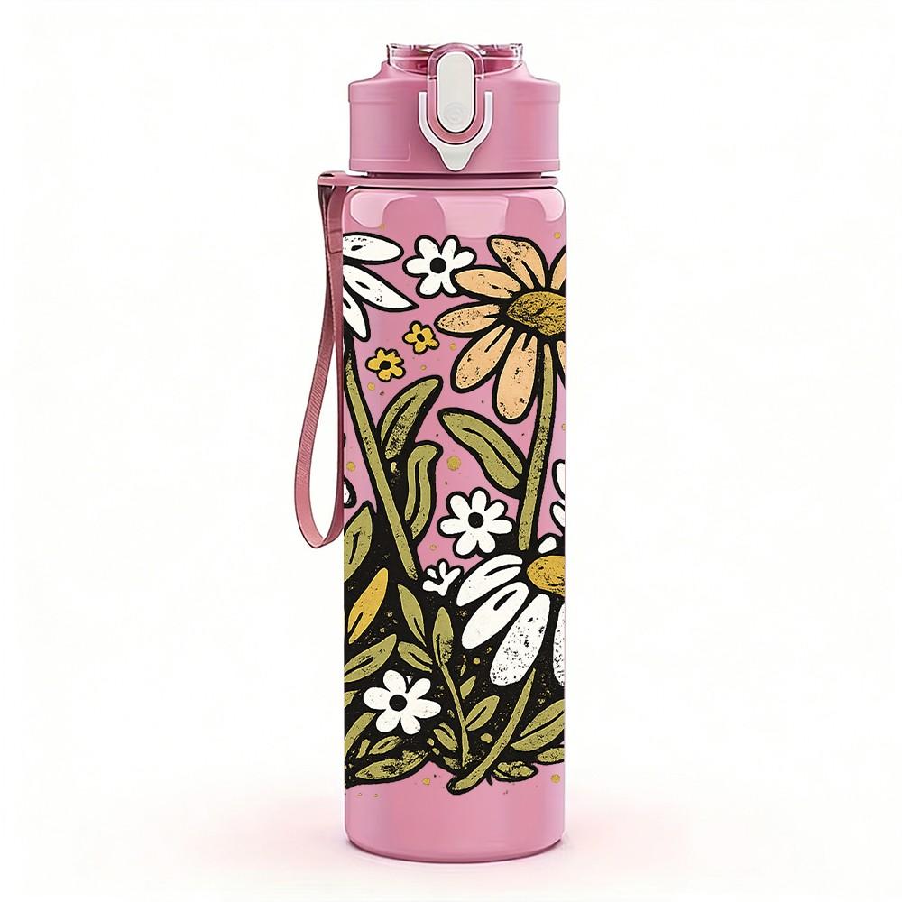 1PC Daisy Wildflower Botanical Print 750ml Color Plastic Sports Water Bottle Leakproof Flip Straw Lid Suitable for Sports Office Home Use
