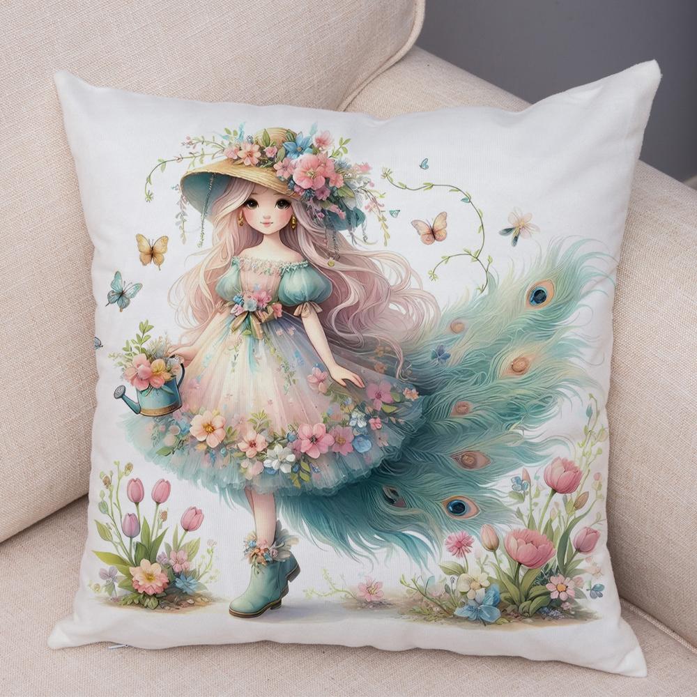 Pfau Blumenmädchen Kissenbezug Doppelseitiger Druck Kissenbezug Dekor Niedlich Cartoon Kind Weicher Plüsch Kissenbezug für Sofa Zuhause 45x45cm