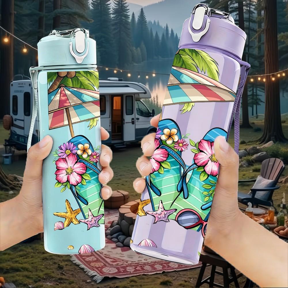 1PC Flip Flop Tropical Summer Print 750ml Color Plastic Sports Water Bottle Leakproof Flip Straw Lid Suitable for Sports Office Home Use