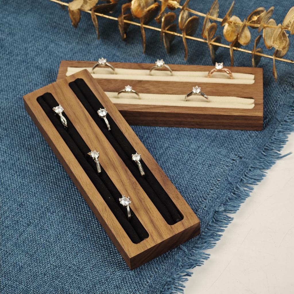 HeMu walnut double-slot ring display stand jewelry storage plate counter jewelry ornaments props solid wood ring display stand