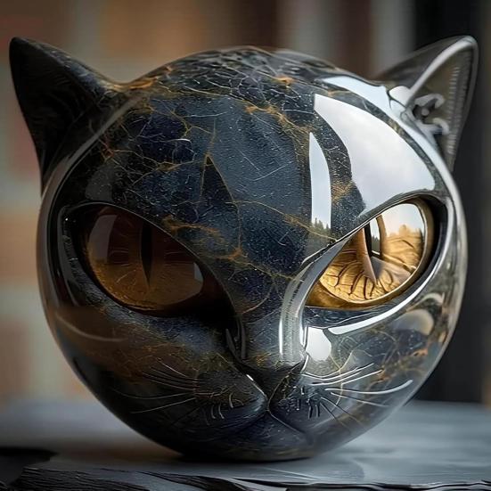 Black Cat Stone Marble Texture Cat Head Sculpture Hand-Carved Healing Stones Keepsake Gift for Cat Lovers Women Men
