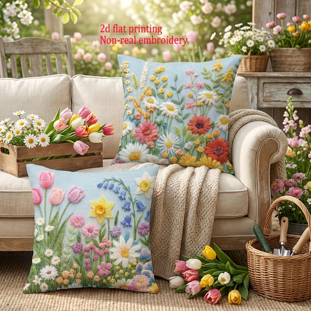 1/4pcs Spring Wildflower Throw Pillow Covers 2D Flat Printed Floral Cushion Cases For Sofa Bedroom Living Room Decor