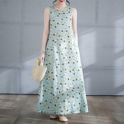 Vestido de Verano Largo con Cuello Redondo Estampado