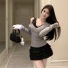 Spice girl retro v-neck gray knitted sweater women's autumn new sexy inner sweater slim fit