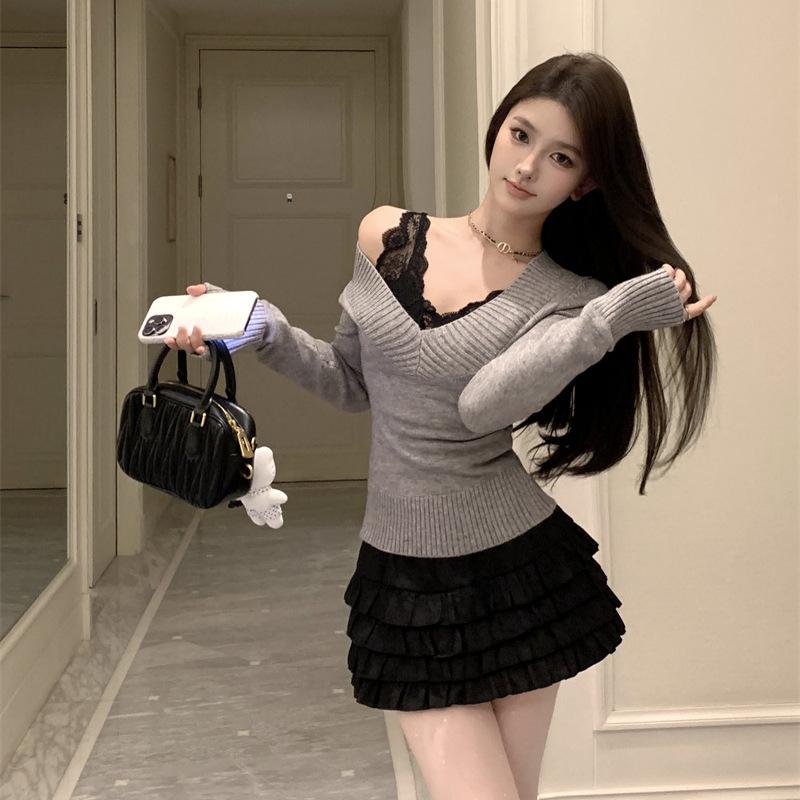 Spice girl retro v-neck gray knitted sweater women's autumn new sexy inner sweater slim fit