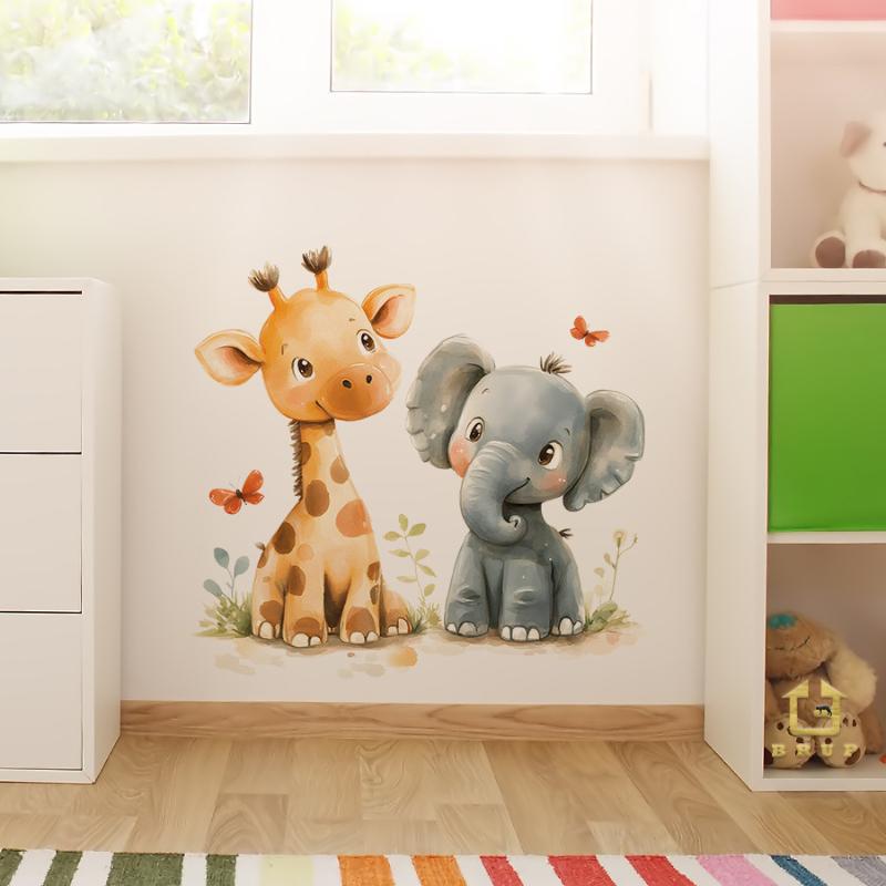 Cartoon Animal Wall Stickers Giraffe And Elephant Design Removable Waterproof For Kids Room Nursery Classroom Decor