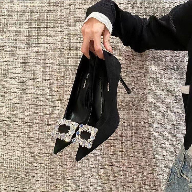 

French pointed rhinestone high heels for women s spring and autumn new thin heel square buckle black suede professional single shoes for women 40