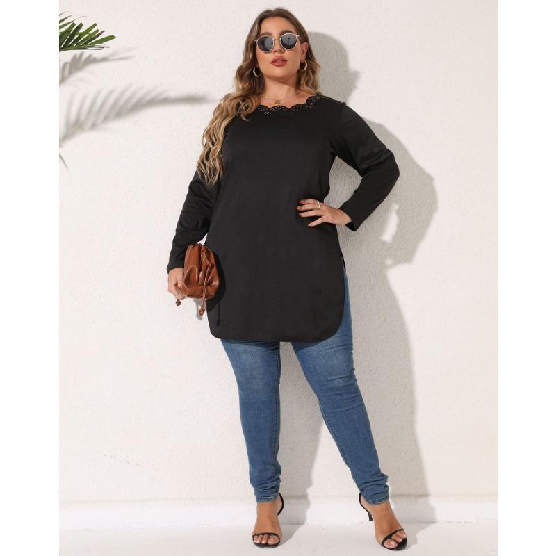 חולצת נשים אביב וסתיו חולצות ארוכות בינוניות במידות גדולות חלול חולצות עם שרוולים ארוכים