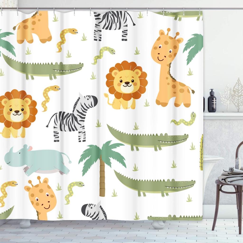 Shower Curtain Safari Animals With Cute Hippo Crocodile Lion Elephant And Giraffe In Childish Style Waterproof Polyester Fabric
