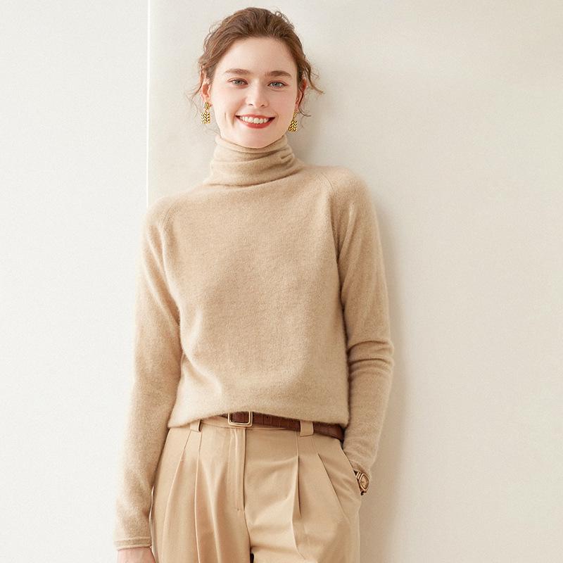 Women's Cashmere Sweater: Rolled Hem, Pile Collar, Solid Color, Loose Fit, Slimming Raglan Sleeve, Pure Wool Knit.